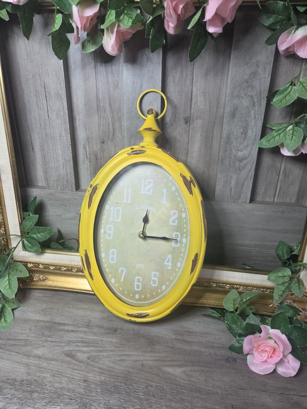 Distressed Yellow Oval Wall Clock Vintage Farmhouse Rustic Quartz 11" Decor
